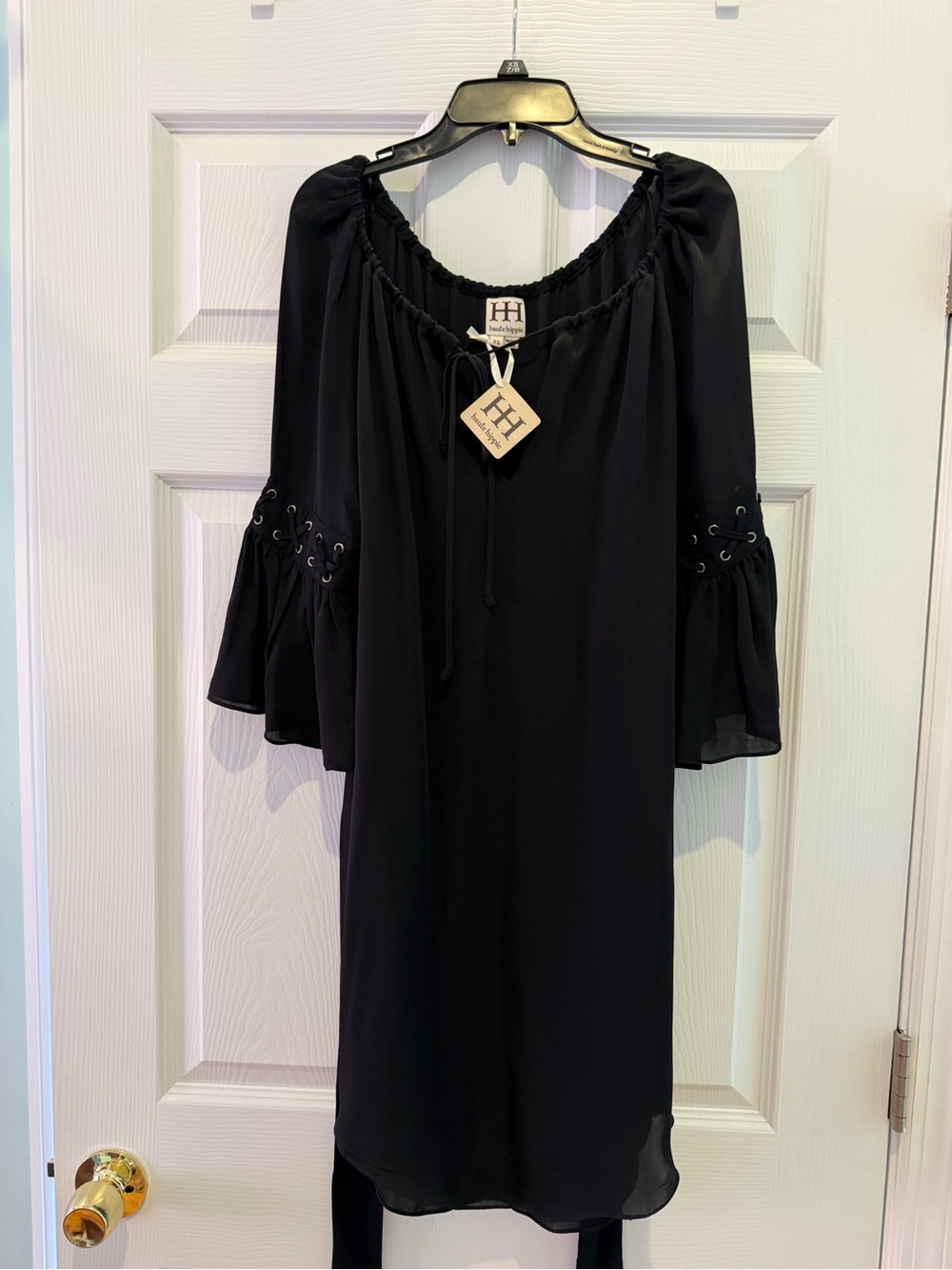 Haute Hippie Black Silk Chiffon Shift Dress Lace-Up Bell Sleeve XS,original $435